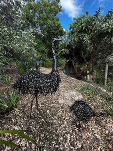 92cm Dad emu and chick set - rustic black metal standing emu garden statue - Picture 1 of 6