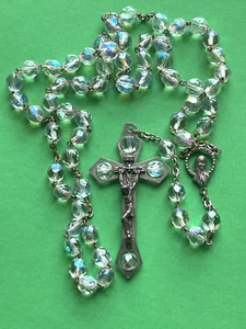 Vtg INRI ROMA ITALY Cross Faceted AB Crystal Beaded Rosary 21" Detailed Corpus - Foto 1 di 6