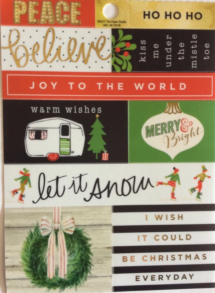 Christmas Wreath Joy Peace Believe Mistletoe Gold Foiled Scrapbook Stickers - Image 1 of 1