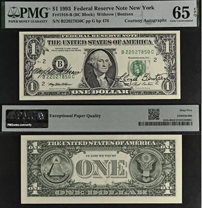 1993 $1 Federal Reserve Note - PMG 65EPQ - Dual Autograph - Withrow / Bentsen - Picture 1 of 4