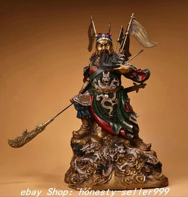 Estatua Guerrero Dios Guan Gong Pintura Plata Dorada Bronce Puro Dinastía Antigua 13,3"" Foto 1 de 4