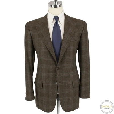 Kiton Brown Blue 100% Cashmere Plaid Soft Tweed 3/2 Roll Handmade Jacket 42R - Image 1 of 4