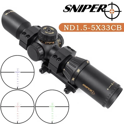 Sniper 1.5-5x33 Crossbow scope 300-450 FPS, 20-100 Yards, R/G/B Illuminated