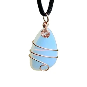 Opalite Pendant Necklace Copper Wrapped Coil Argenon Sea Opal Gemstone Jewellery - Picture 1 of 17