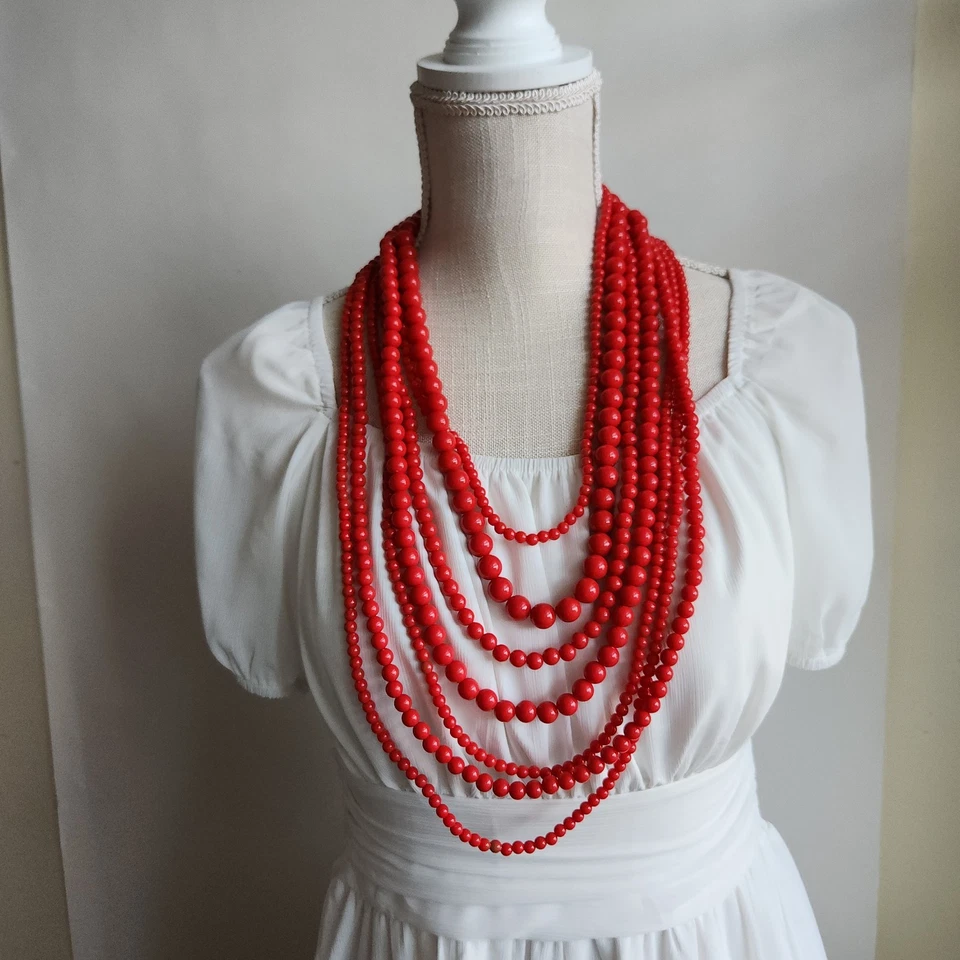 Collar de cuentas Lucita roja de siete capas | Joyería retro vintage 18"–24" Foto 1 de 4