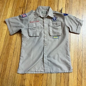 Boy Scouts Of America Shirt Youth Large Brown Uniform USA Flag Button Up Shirt - Picture 1 of 9
