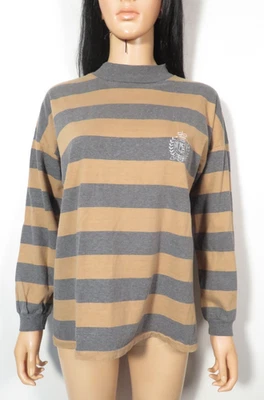 Camiseta vintage de algodón a rayas gris y caqui años 80/90 con logotipo de escudo hecha en EE. UU. Foto 1 de 4