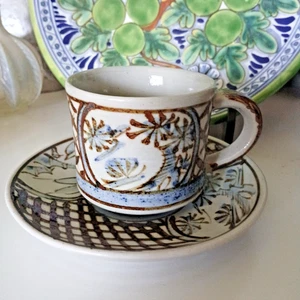 MCM Pottery Stoneware Coffee Tea Cup & Saucer Set Asian Brown Blue Glazed - Picture 1 of 8
