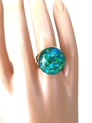 Opal Ring: Teal Faceted Resin 18mm Opal in Stainless-Steel - 18KGP Stainless - Image 1 of 4
