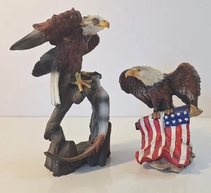 Lot Of 2 Bald Eagles Resin Figurines Figure Statues One with an American Flag - Picture 1 of 10