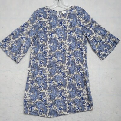 H&M Shift платье женщин размер 6 синий/кремовый пейсли печать круглый вырез расклешенные рукава - Изображение 1 из 4