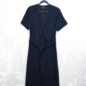 Ann Taylor Jumpsuit XL Short Sleeve Wide Leg Crop Navy Blue Stretchy Tie Waist - Picture 1 of 10