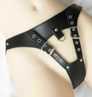 Damen Kunstleder Unterhose Einstellbar Sexy G-String Tanga Slips schwarz  - Bild 1 von 4