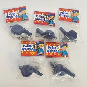 Lot of 5 Vintage Police Whistle Toys w/ Chains Blue Hong Kong NEW - Picture 1 of 5
