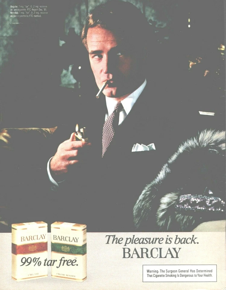 Anuncio impreso Barclay Cigarettes 1982 The Pleasure Is Back 99 % libre de alquitrán Foto 1 de 1