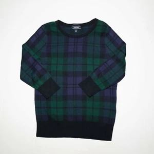 Lands End Women's Supima Cotton Tartan Plaid Green Blue 3/4 Sleeve Sweater Sz M - Picture 1 of 6