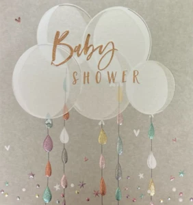 Belly Button Baby Shower Card – Glitter Raindrops & Balloons – 12cm x 12cm - Picture 1 of 2