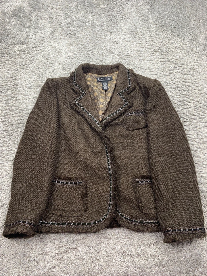 Dialogue Jacket Women 16 Brown Tweed Wool Blend Fringe Trim Blazer Chore Coat - Image 1 of 4