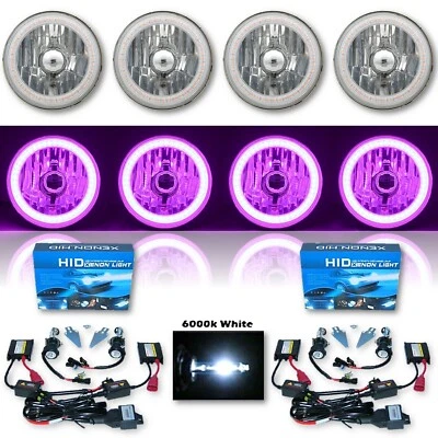 Juego de 4 faros H4 transparentes halo LED SMD púrpura de 5-3/4" y bombillas HID de 6k Foto 1 de 4