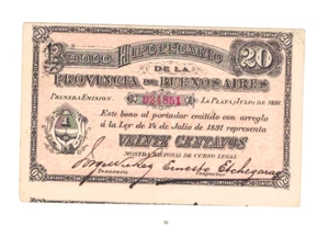 ARGENTINA BANCO HIPOTECARIO DE LA PROVINCIA 1891 20 CENTAVOS PS613 - Picture 1 of 2