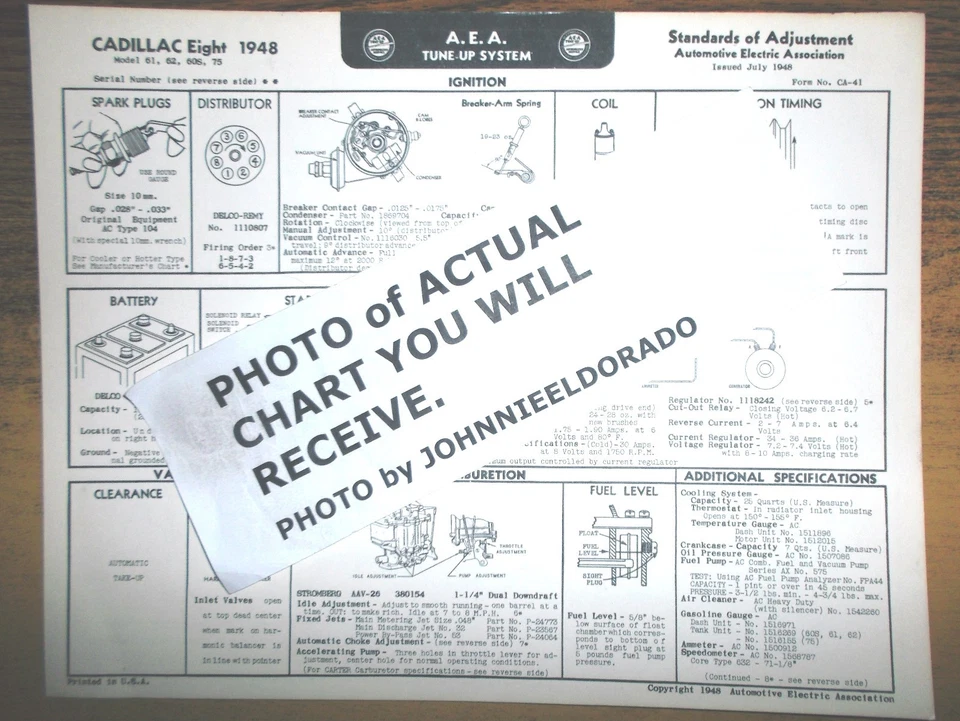 1948 Cadillac EIGHT Series 61, 62, 60S & 75 Models AEA Tune Up Chart   - Imagem 1 de 1