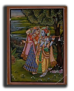 Lord Radha Krishna Jugar Flauta Hecho a Mano Religioso Pintura 22.9x17.8cm - Imagen 1 de 3