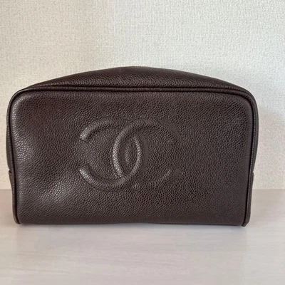Auténtico bolso sin asas Chanel Coco Mark bolsa cosmética cuero marrón A01996 con caja y bolso Foto 1 de 4