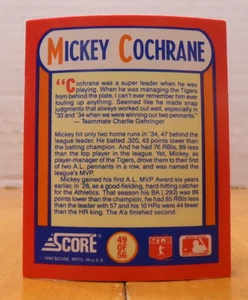 SCORE MINI CHASE INSERT BASEBALL CARD THE MVP'S A.L. 1934 MICKEY COCHRANE - Picture 1 of 2