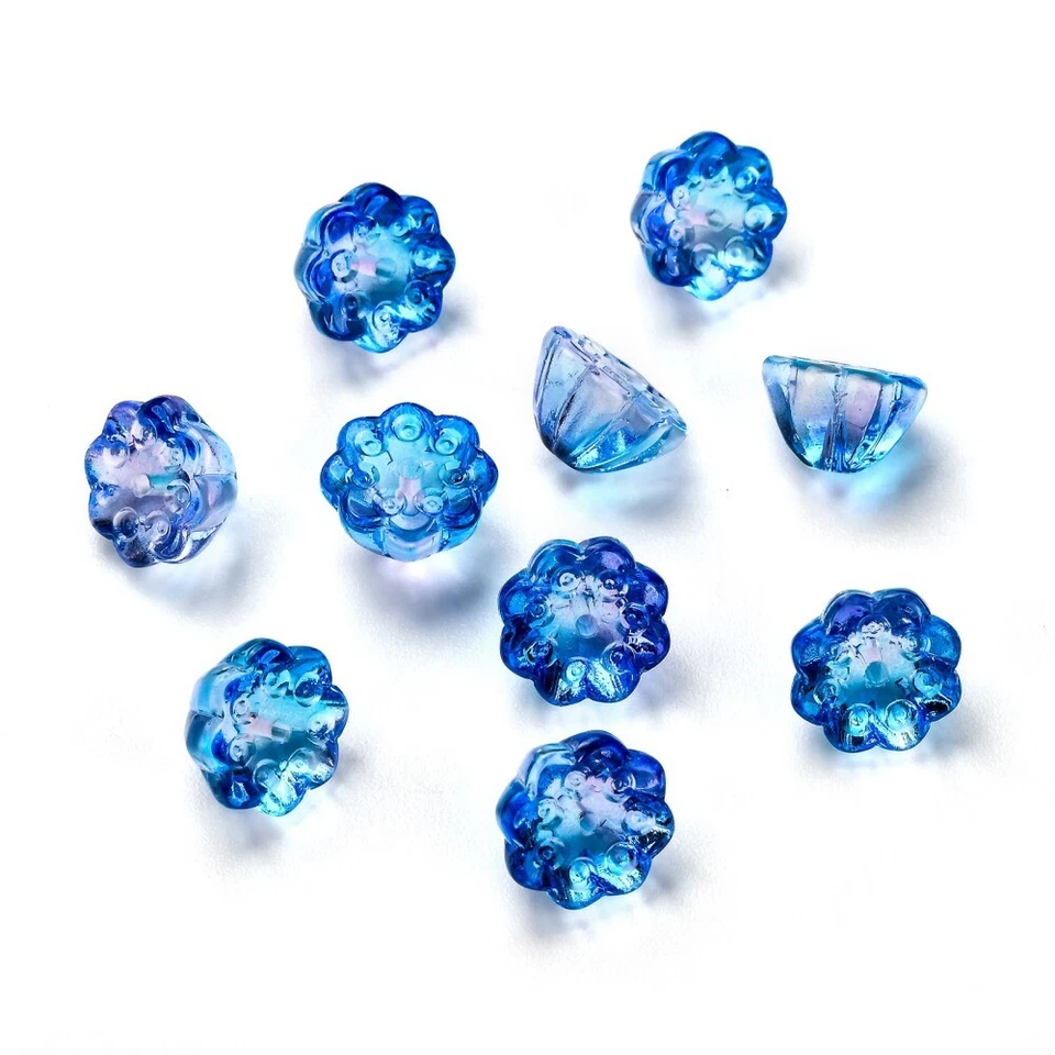 10 Glass Lotus Pod Beads Blue Flower Bead Findings Set 11mm Jewelry Supplies - Image 1 of 1