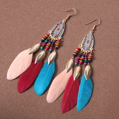 Vintage Long Feather Earrings Bohemian Ethnic Retro Women Chain Dangle Earring⇓ - Image 1 of 4