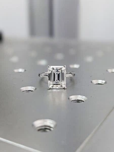 3 Carat Emerald Cut Moissanite Hidden Halo Engagement Ring Solid 14K White Gold - Picture 1 of 12