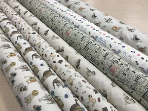 PRINTED COTTON RICH LINEN LOOK FABRIC cats and dogs CRAFT CURTAIN CUSHION 140cm - Picture 1 of 30