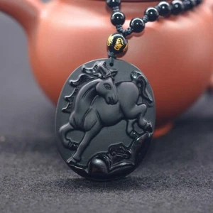 Schwarz Obsidian Pferd Halskette Anhänger Glück Amulett Schmuck Jade Schmuck - Bild 1 von 5