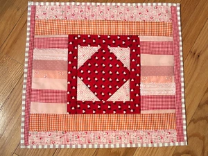 Quilted Patched Table topper, new handmade 15 x 14 red and pink with some lace - Picture 1 of 9