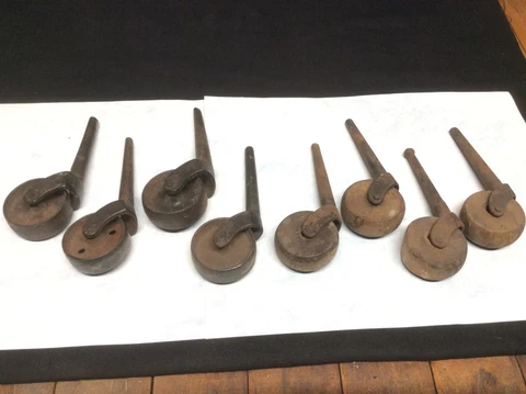 2 Vintage 4 pc. Castor Wheel Sets Wooden & Metal 3 Inch Early Bed Furniture Cover