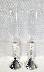Set of 2 Nambe Dazzle Champagne Flute Glasses Crystal & Chrome Pair - Picture 1 of 10