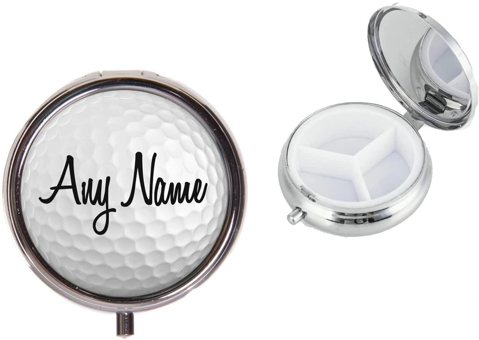 Personalised Golf Ball Metal Round Travel Pill Box Vacation Birthday Gift X65 - Image 1 of 1