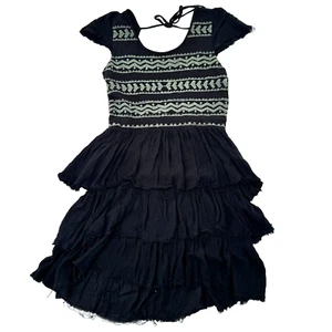 Free People Sound of The Sea Black Mini Dress Womens S Black Embroidered Tiered - Picture 1 of 5