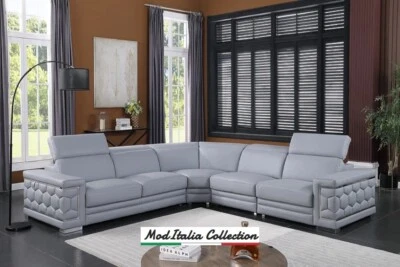 GENUINE Italian Leather Light Blue 122" Sectional Gray Contemporary Living Room - Image 1 of 4