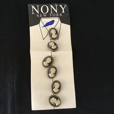 Vintage New Old Stock Nony New York Button Covers Set 6 Blue Cameo Lady - Image 1 of 4