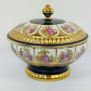 Vintage deutsch bayrisch Bareuther Waldsassen Hof Deckeldose schwarz & gold 6,5 Zoll - Bild 1 von 12