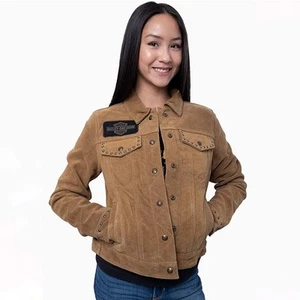 Harley Davidson Gauges Leather Jacket Tan Suede Winged Logo Sz 26-28 Women's - Picture 1 of 12