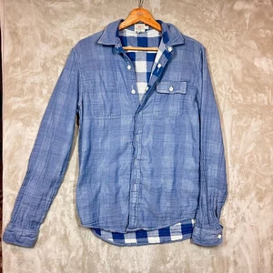 Camisa reversible de algodón a cuadros azul con botones marca Faherty para mujer mediana - Imagen 1 de 7