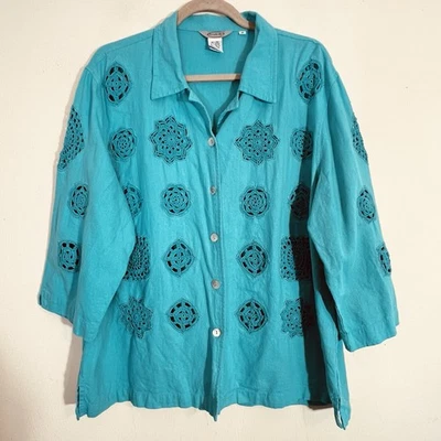 Stonebridge Floral Embroidered Blazer Jacket Teal 1X Vintage Button Up Grandma - Image 1 of 4