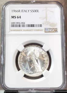 1966 ITALY SILVER 500 LIRE S500L RENAISSANCE WOMAN NGC MS 64 SCARCE NICE BU - Picture 1 of 3