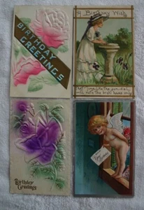 Lote de 4 postales de felicitación de cumpleaños de principios de 1900 textura elevada - Imagen 1 de 5