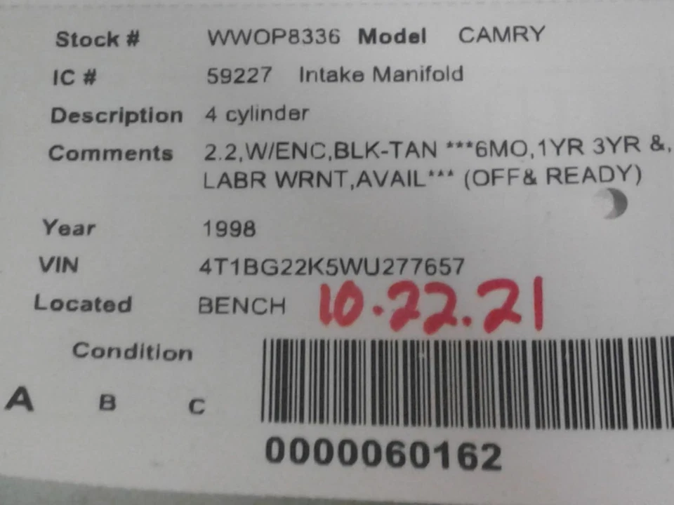 Used Engine Intake Manifold fits: 1998 Toyota Camry 4 cylinder 5SFE engine Grade - Image 1 of 3