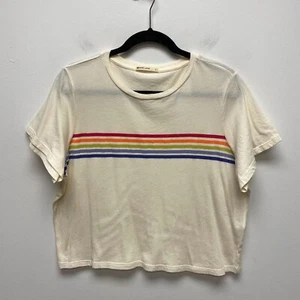 Marine Layer Ivory Striped Crew Short Sleeve Rainbow Easy Crop Graphic T-Shirt L - Picture 1 of 7