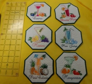 Cocktail drink COASTERS - Machine embroidered - Textile Art - Unique OOAK - NEW - Picture 1 of 8