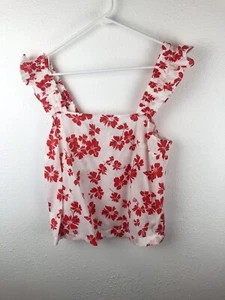 J.Crew Factory Tank Top Womens SZM White Red Floral Wide Ruffled Straps Beach A8 - Picture 1 of 4